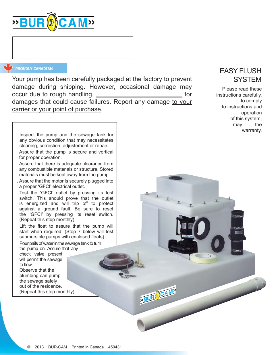 Burcam 450475 EASYFLUSH TOILET SYSTEM 1/2HP 115V User Manual | 12 pages