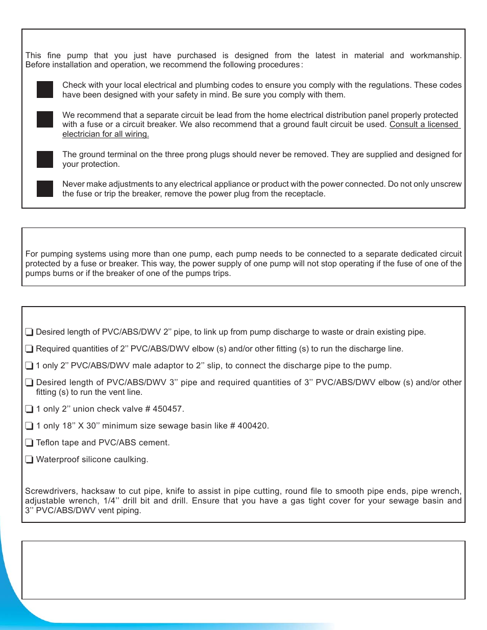 Material required for sewage pump application, Safety instructions, Electrical connection | Notice, Ab c d | Burcam 450475 EASYFLUSH TOILET SYSTEM 1/2HP 115V User Manual | Page 2 / 12