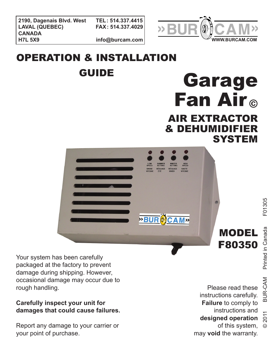 Burcam F80350 ELECTRONIC GARAGE FANAIR User Manual | 4 pages