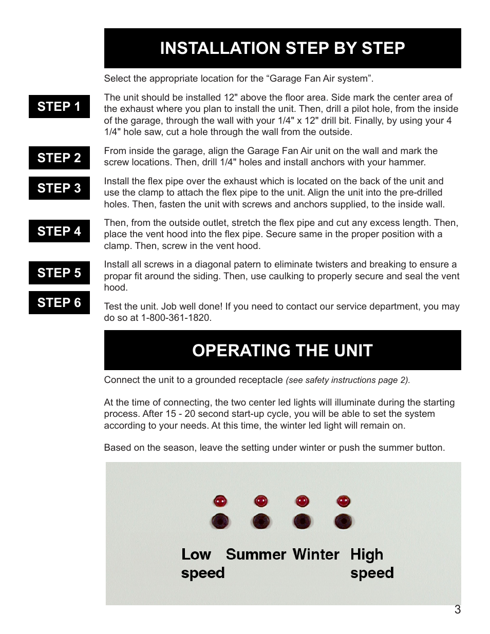 Installation step by step, Operating the unit | Burcam F80350 ELECTRONIC GARAGE FANAIR User Manual | Page 3 / 4