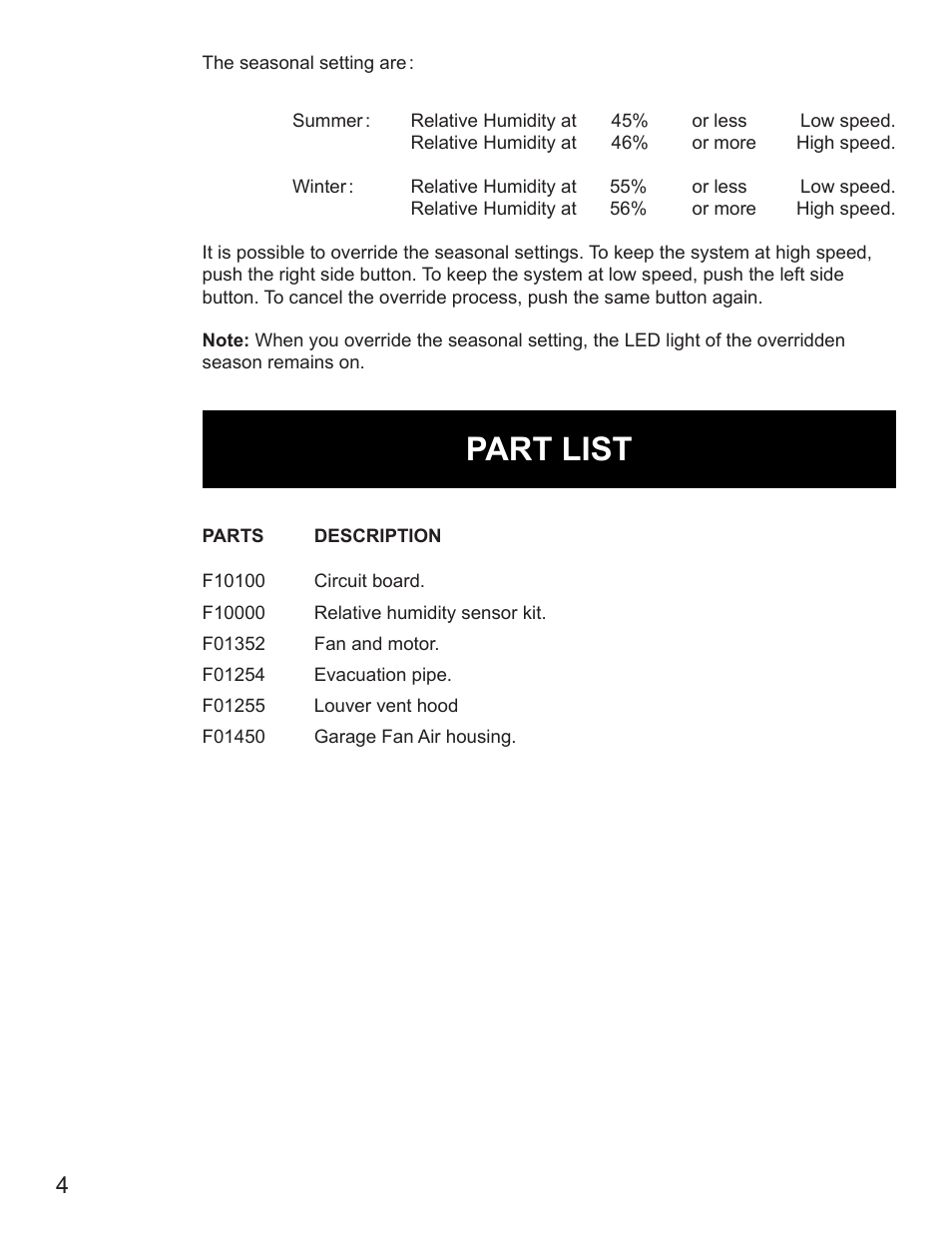 Part list | Burcam F80350 ELECTRONIC GARAGE FANAIR User Manual | Page 4 / 4