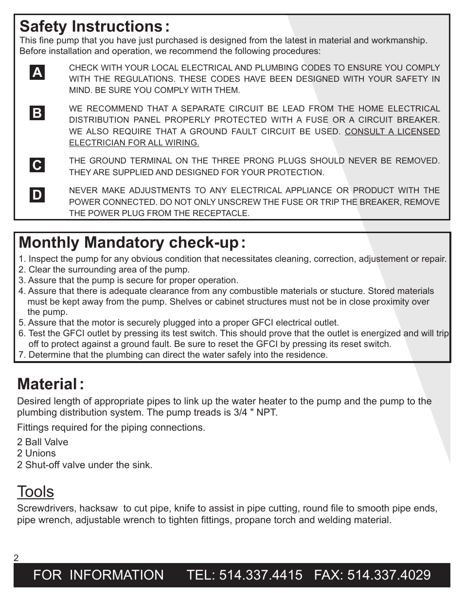 Safety instructions, Tools, Monthly mandatory check-up | Material, Ab c d | Burcam 300521 HOT WATER RETENTION PUMPING SYSTEM (GENIE) User Manual | Page 2 / 6