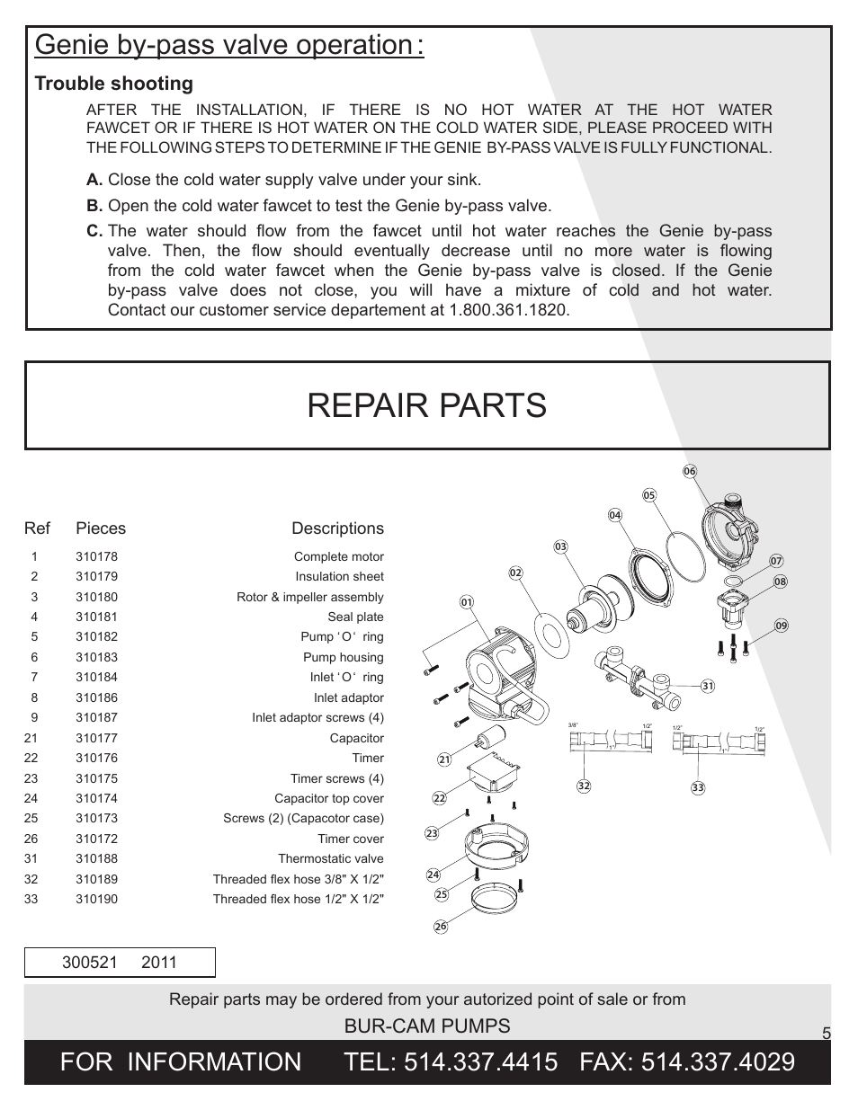 Repair parts, Genie by-pass valve operation, Bur-cam pumps | Trouble shooting, Ref pieces descriptions | Burcam 300521 HOT WATER RETENTION PUMPING SYSTEM (GENIE) User Manual | Page 5 / 6