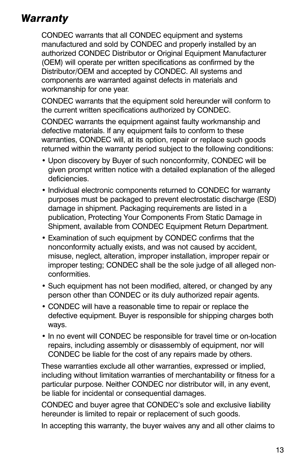 Warranty | Condec DPDG User Manual | Page 14 / 19