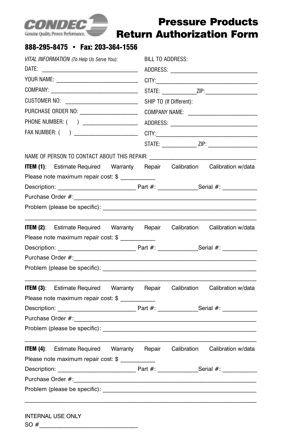 Pressure products return authorization form | Condec DPDG User Manual | Page 18 / 19