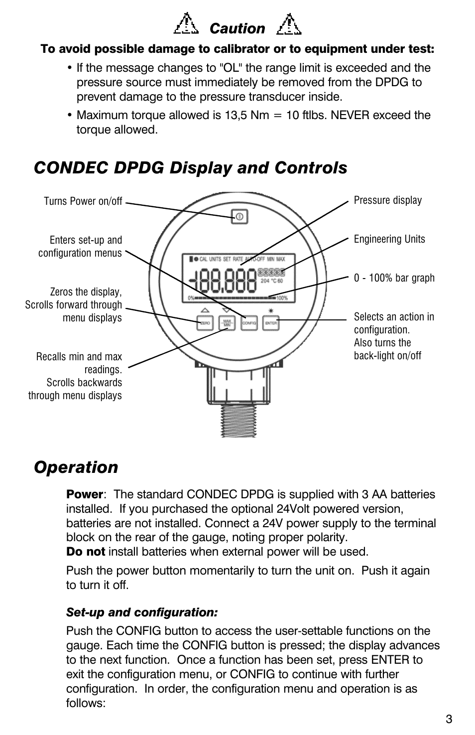 Condec dpdg display and controls operation, Caution | Condec DPDG User Manual | Page 4 / 19