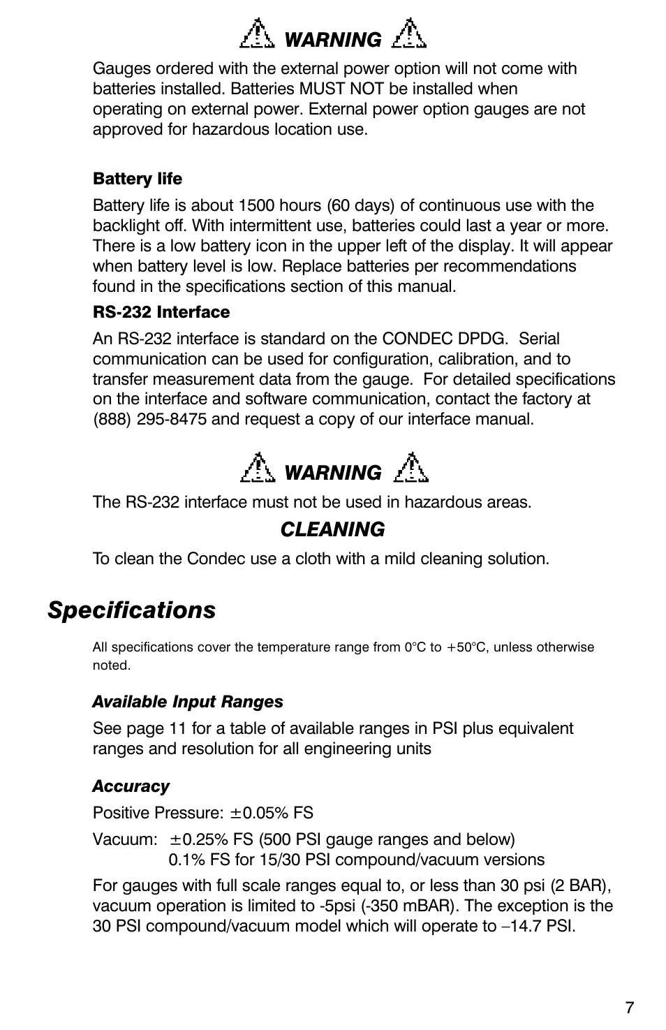 Specifications | Condec DPDG User Manual | Page 8 / 19