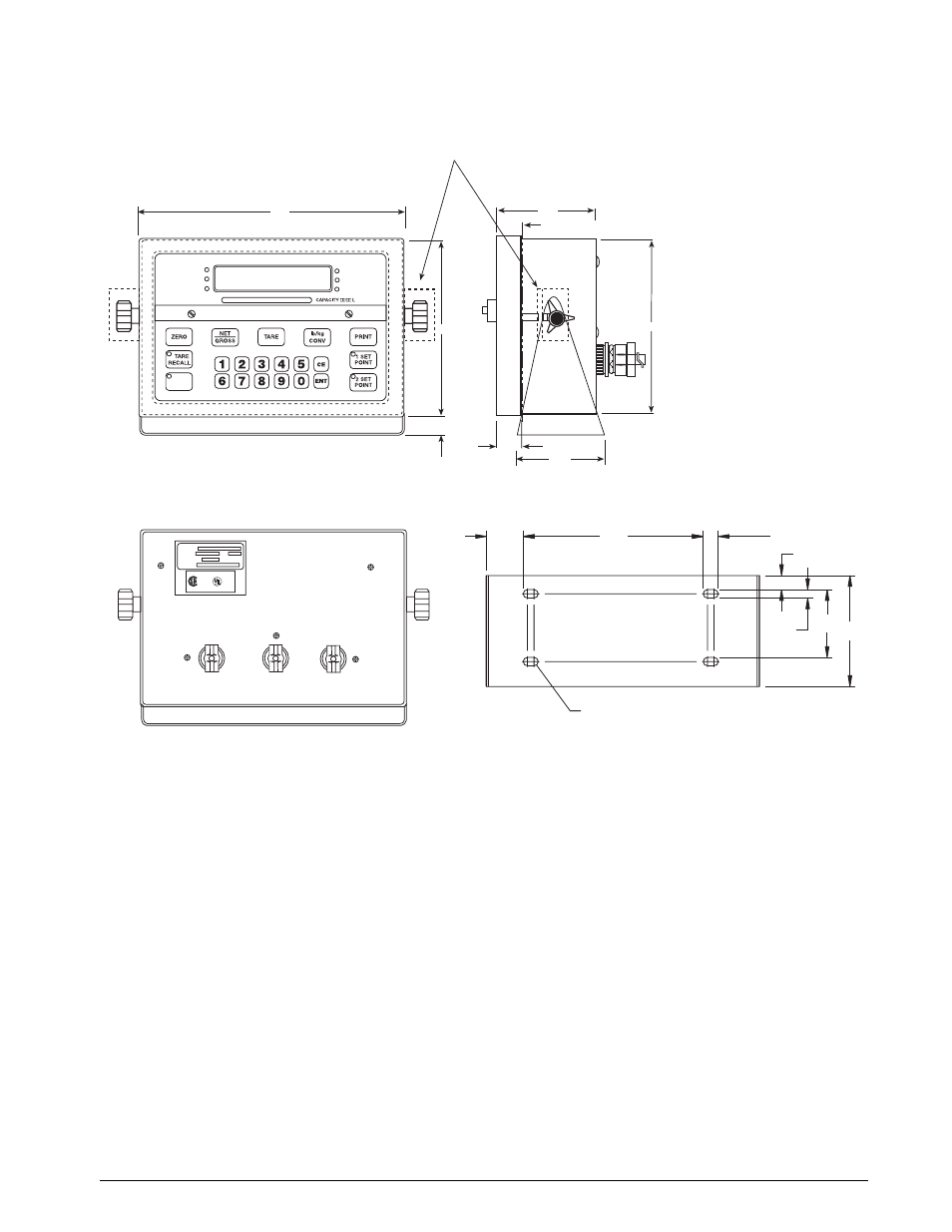 J1 j2 j3, Figure 6-1. standard unit dimensions, Appendix 41 | Front view, Side view, Rear view, Tilt stand | Rice Lake Condec UMC600IS User Manual | Page 44 / 46