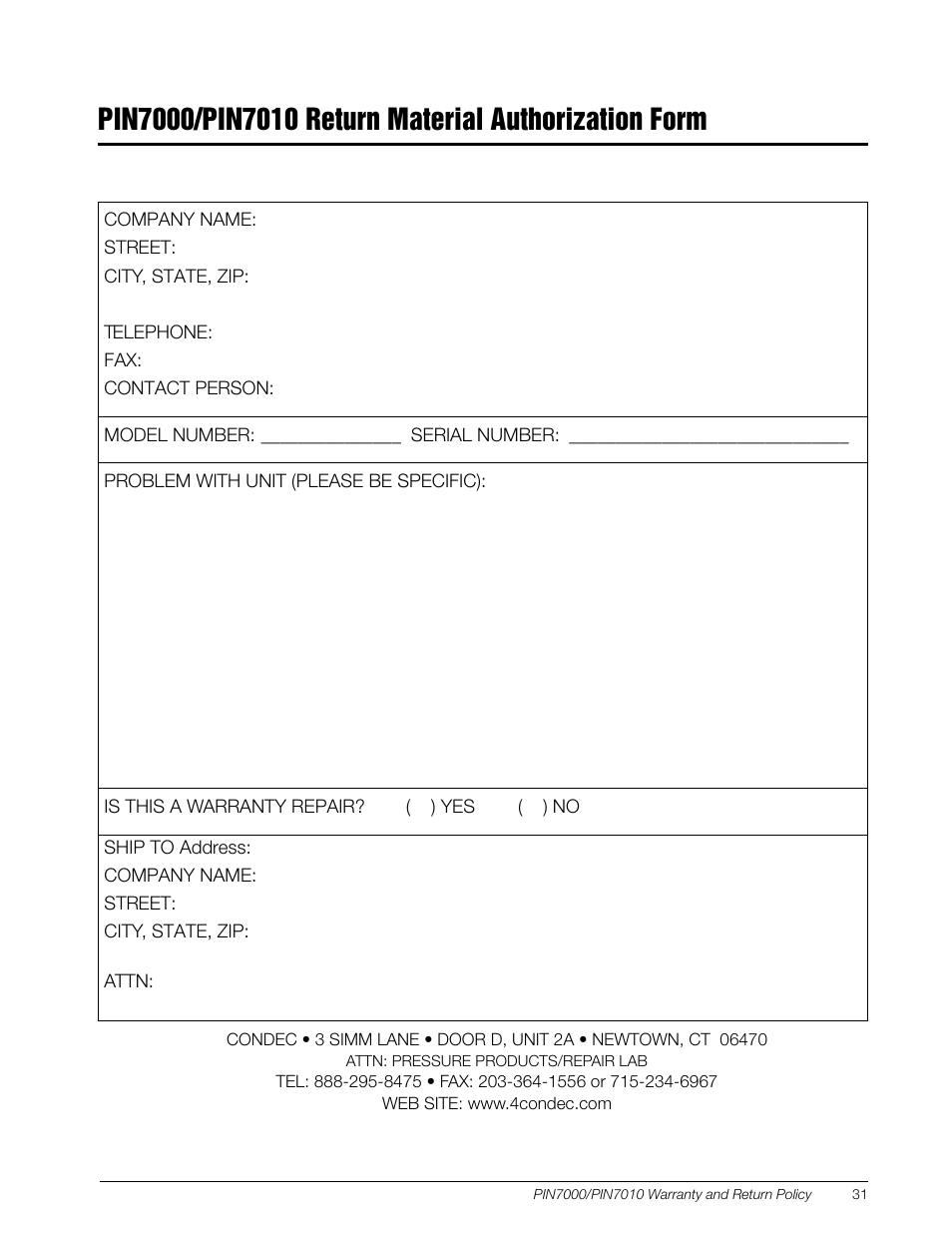 Pin7000/pin7010 return material authorization form | Condec PIN7010 User Manual | Page 33 / 33