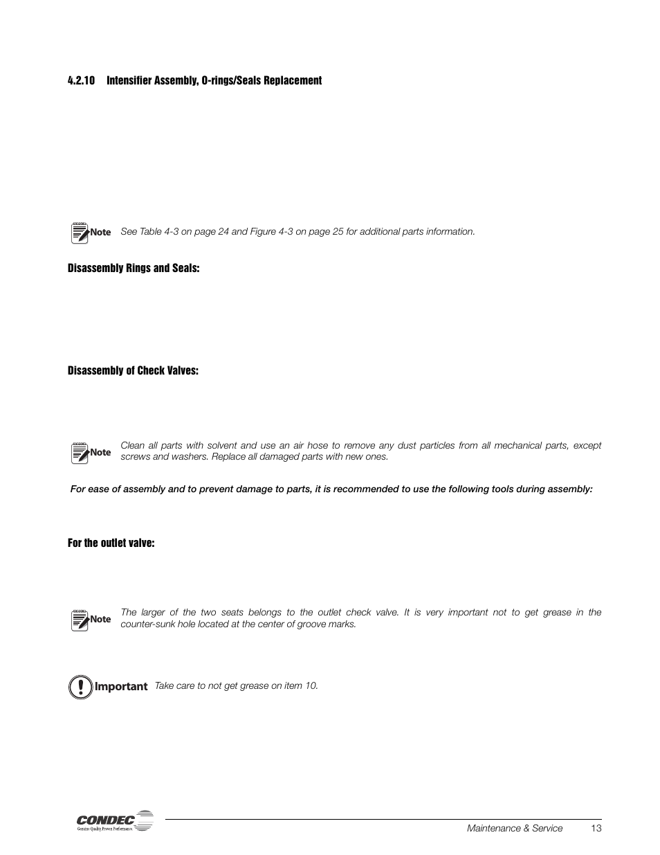 10 intensifier assembly, o-rings/seals replacement, Intensifier assembly, o-rings/seals replacement | Condec PIN8010 User Manual | Page 19 / 41