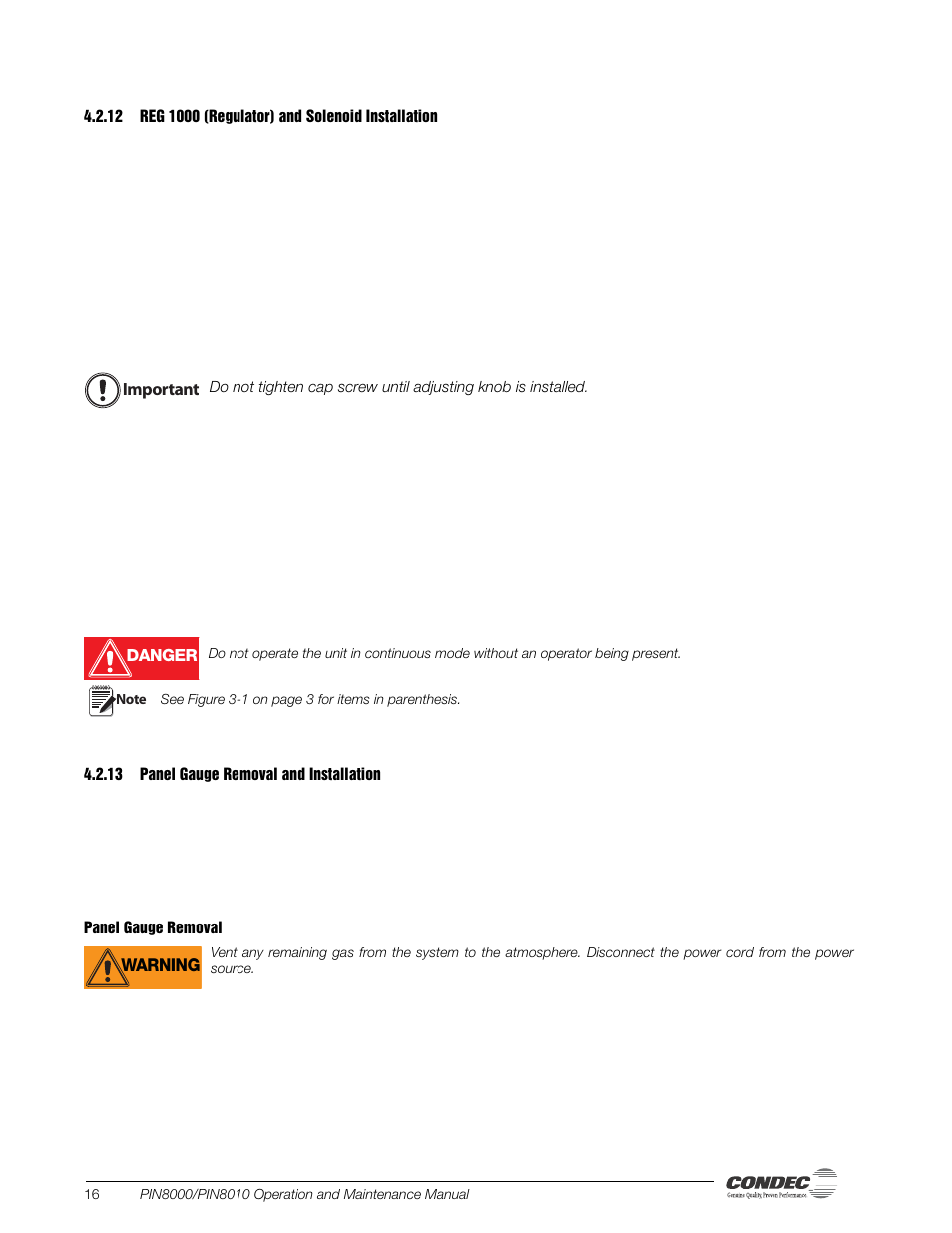 12 reg 1000 (regulator) and solenoid installation, 13 panel gauge removal and installation, Reg 1000 (regulator) and solenoid installation | Panel gauge removal and installation | Condec PIN8010 User Manual | Page 22 / 41
