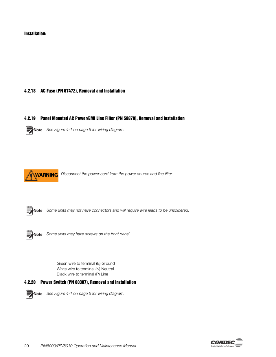 18 ac fuse (pn 57472), removal and installation, Ac fuse (pn 57472), removal and installation, Power switch (pn 60307), removal and installation | Condec PIN8010 User Manual | Page 26 / 41