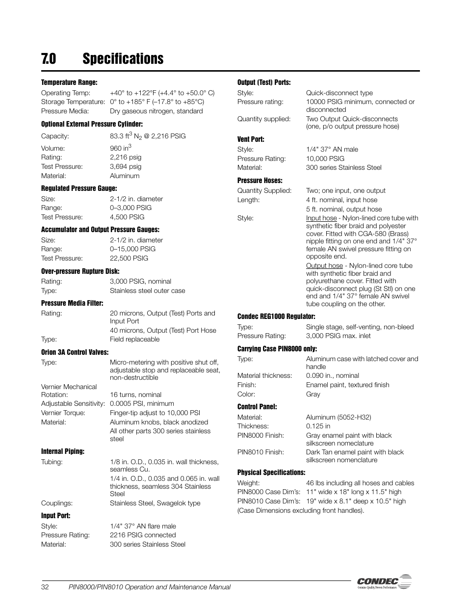 0 specifications, Specifications | Condec PIN8010 User Manual | Page 37 / 41