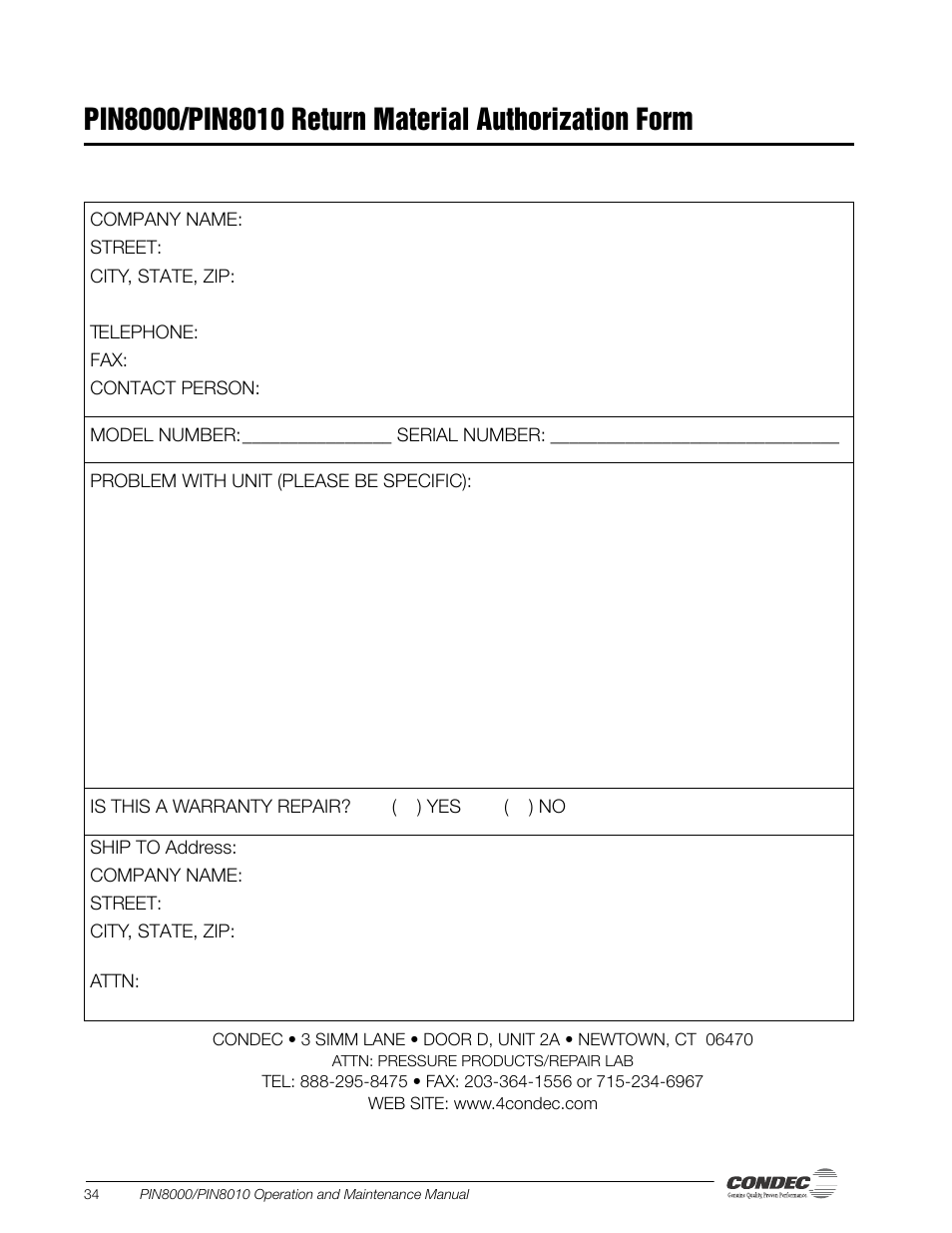 Pin8000/pin8010 return material authorization form | Condec PIN8010 User Manual | Page 39 / 41