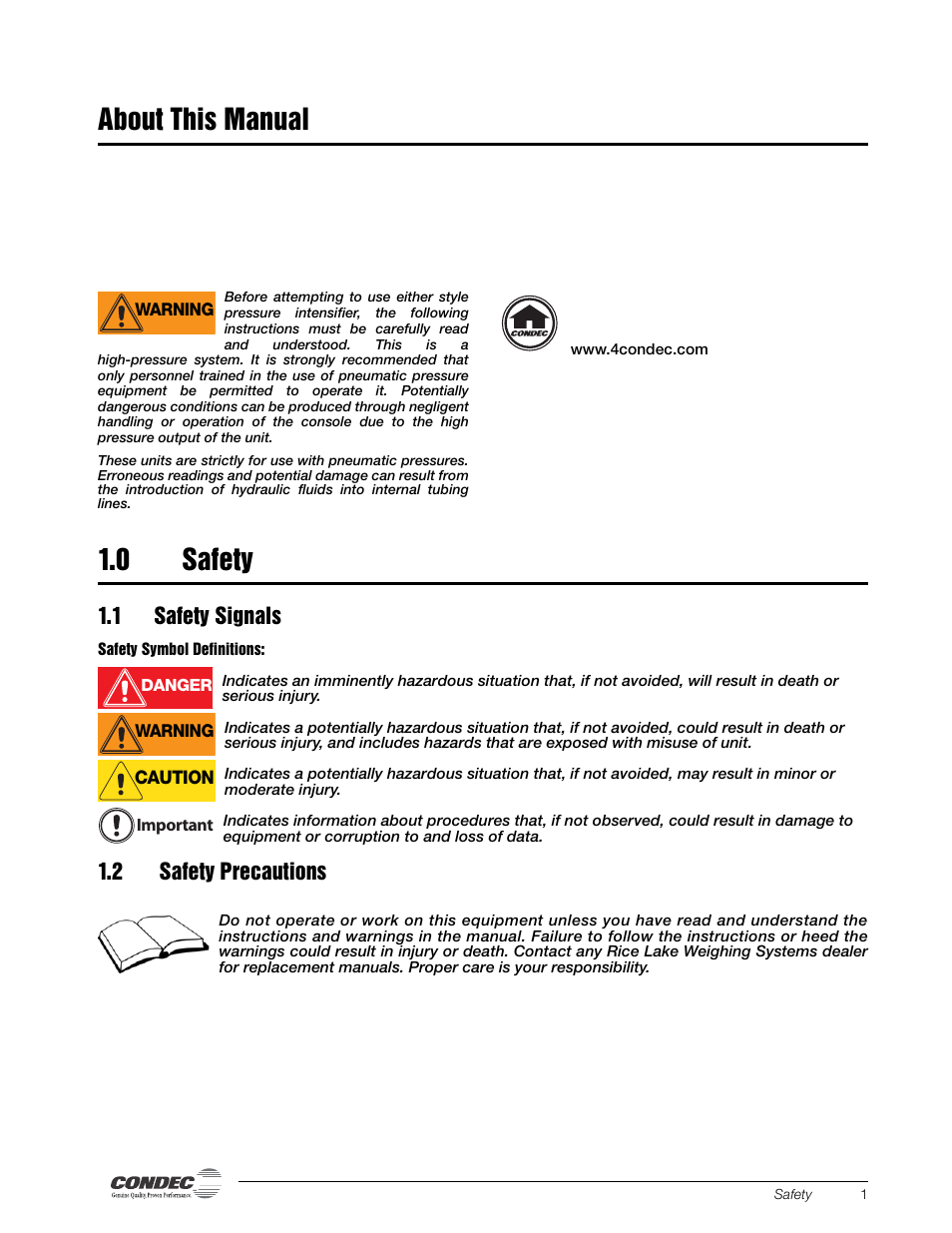 About this manual, 0 safety, 1 safety signals | 2 safety precautions, About this manual 1.0, Safety, 1 safety signals 1.2 safety precautions | Condec PIN8010 User Manual | Page 5 / 41