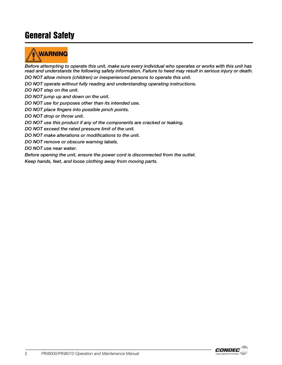 General safety, Warning | Condec PIN8010 User Manual | Page 6 / 41