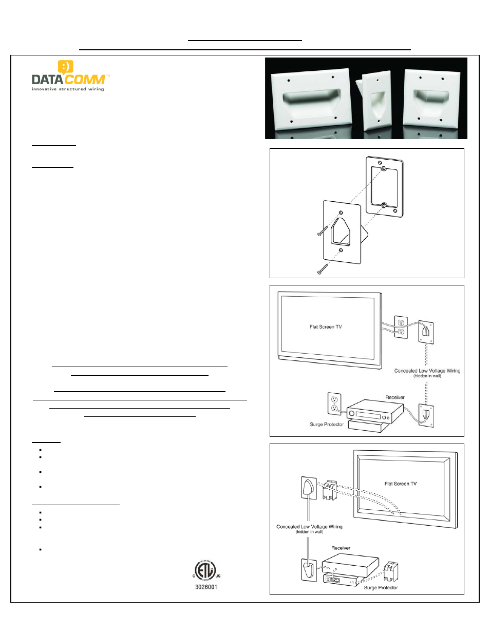 DataComm 45-0003 Recessed Low Voltage Cable Plates User Manual | 1 page