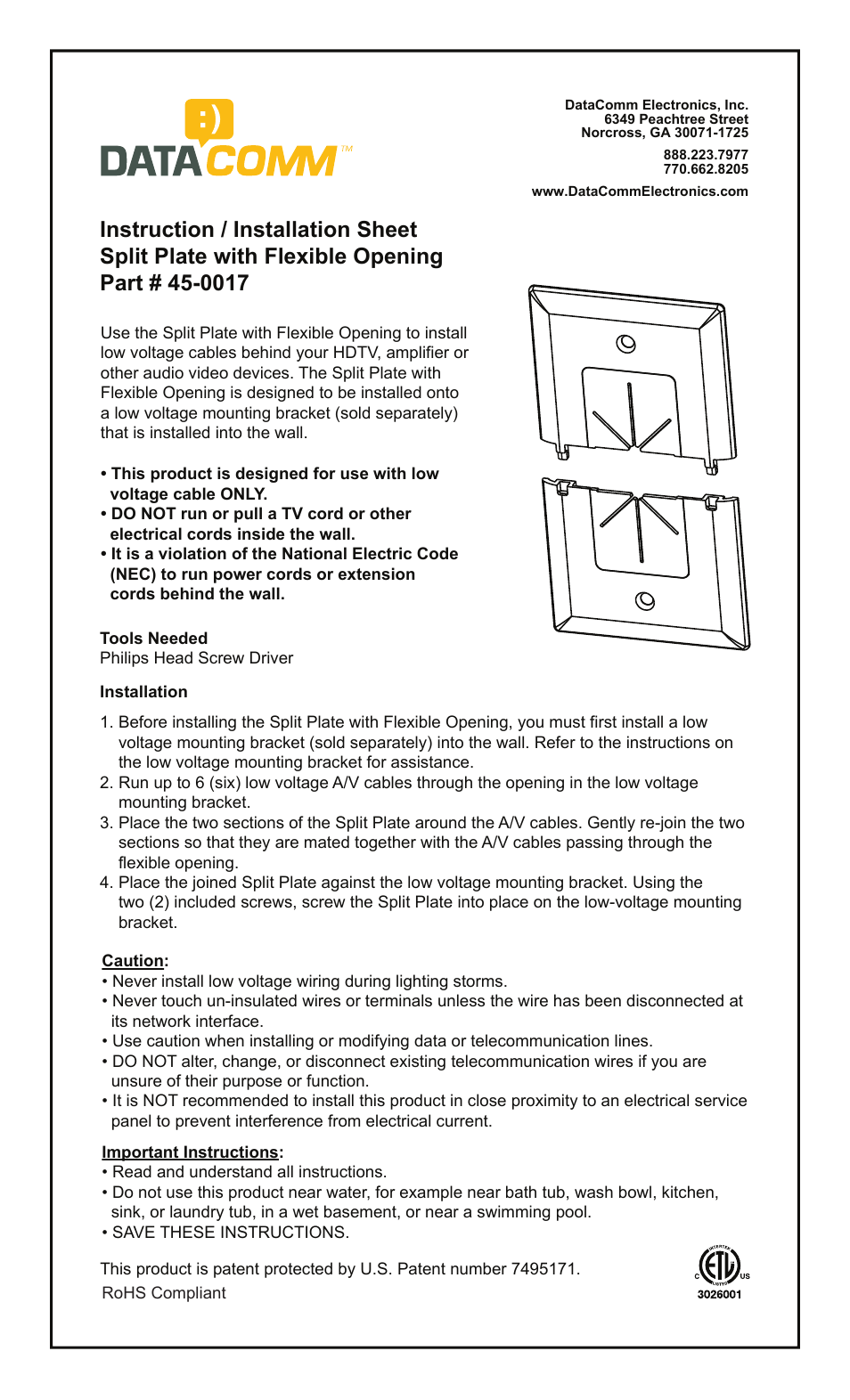 DataComm 45-0017 Split Plate with Flexible Opening User Manual | 1 page