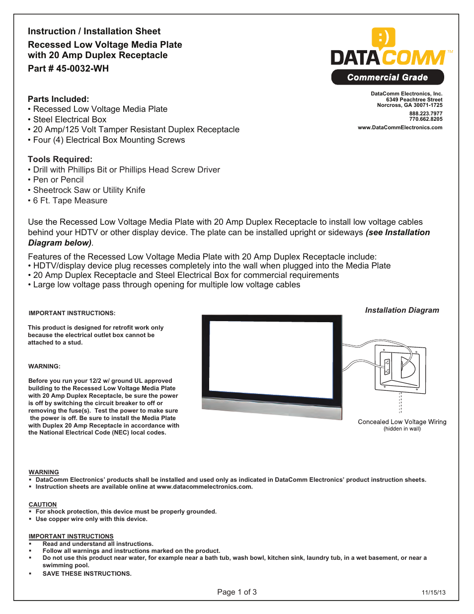 DataComm 45-0031-WH Recessed Low Voltage Media Plate with Duplex Receptacle User Manual | Page 6 / 8