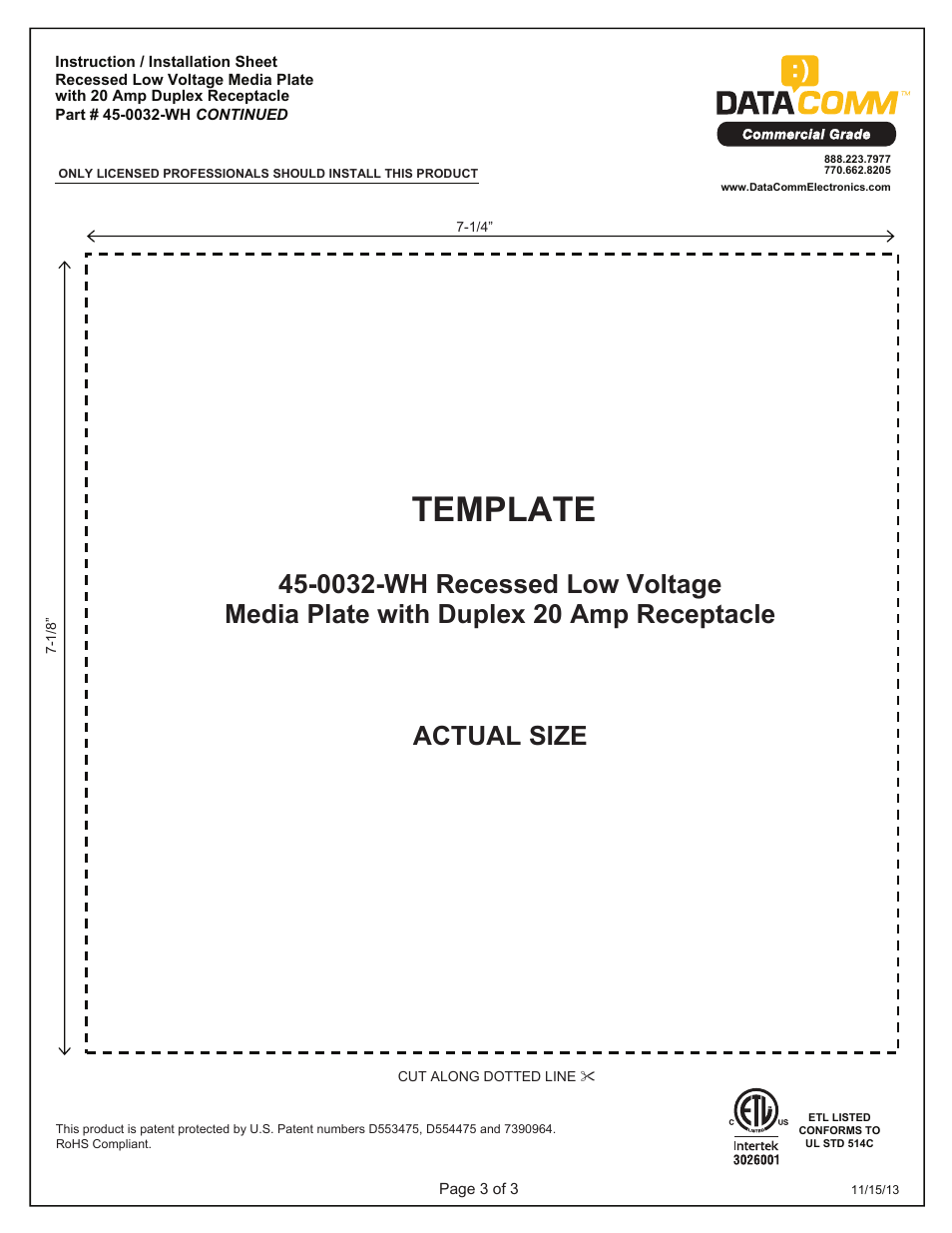 Template | DataComm 45-0031-WH Recessed Low Voltage Media Plate with Duplex Receptacle User Manual | Page 8 / 8