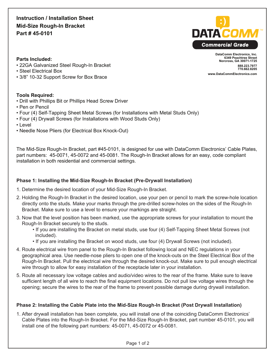 DataComm 45-0101 Mid-Size Rough-In Bracket User Manual | 4 pages