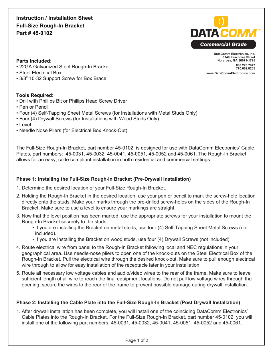 DataComm 45-0101 Mid-Size Rough-In Bracket User Manual | Page 3 / 4