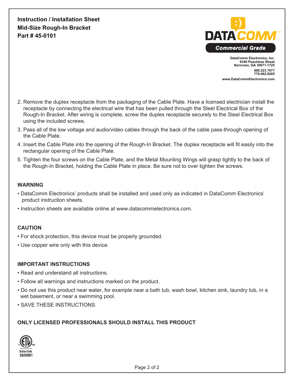 DataComm 45-0101 Mid-Size Rough-In Bracket User Manual | Page 4 / 4