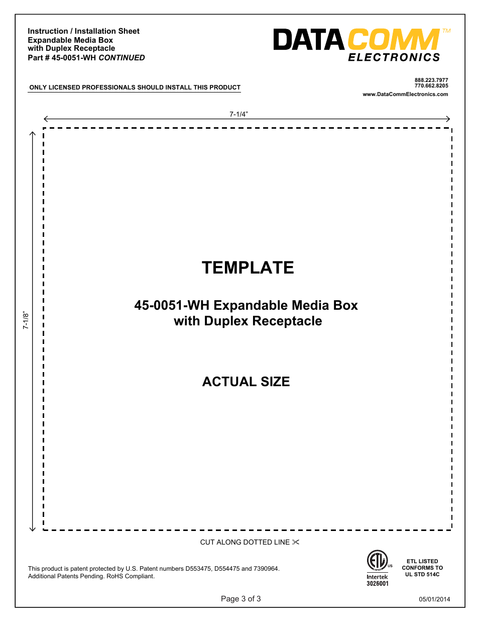 Template | DataComm 45-0051-WH Expandable Media Box with Duplex Receptacle User Manual | Page 3 / 9
