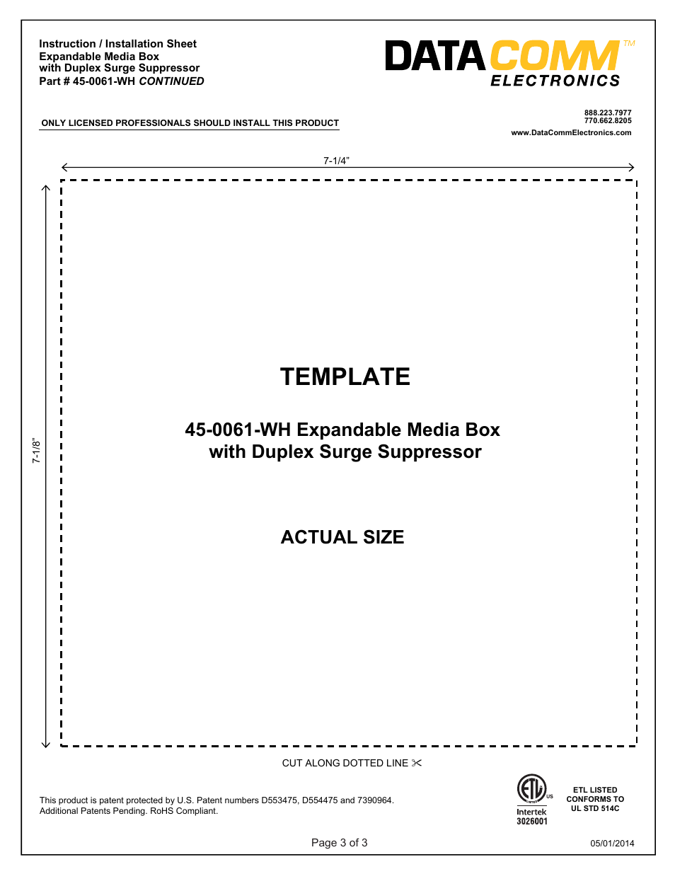 Template | DataComm 45-0051-WH Expandable Media Box with Duplex Receptacle User Manual | Page 9 / 9