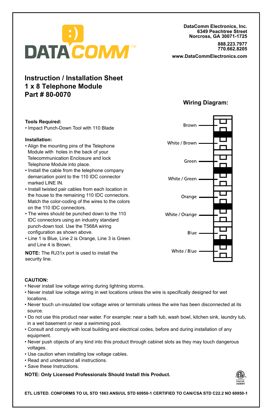 DataComm 80-0070 1 x 8 Telephone Module User Manual | 1 page