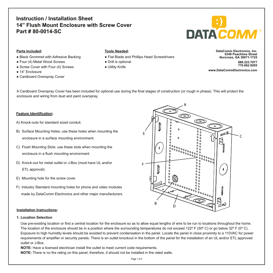 DataComm 80-0014-SC 14 Inch Flush Mount Enclosure User Manual | 2 pages