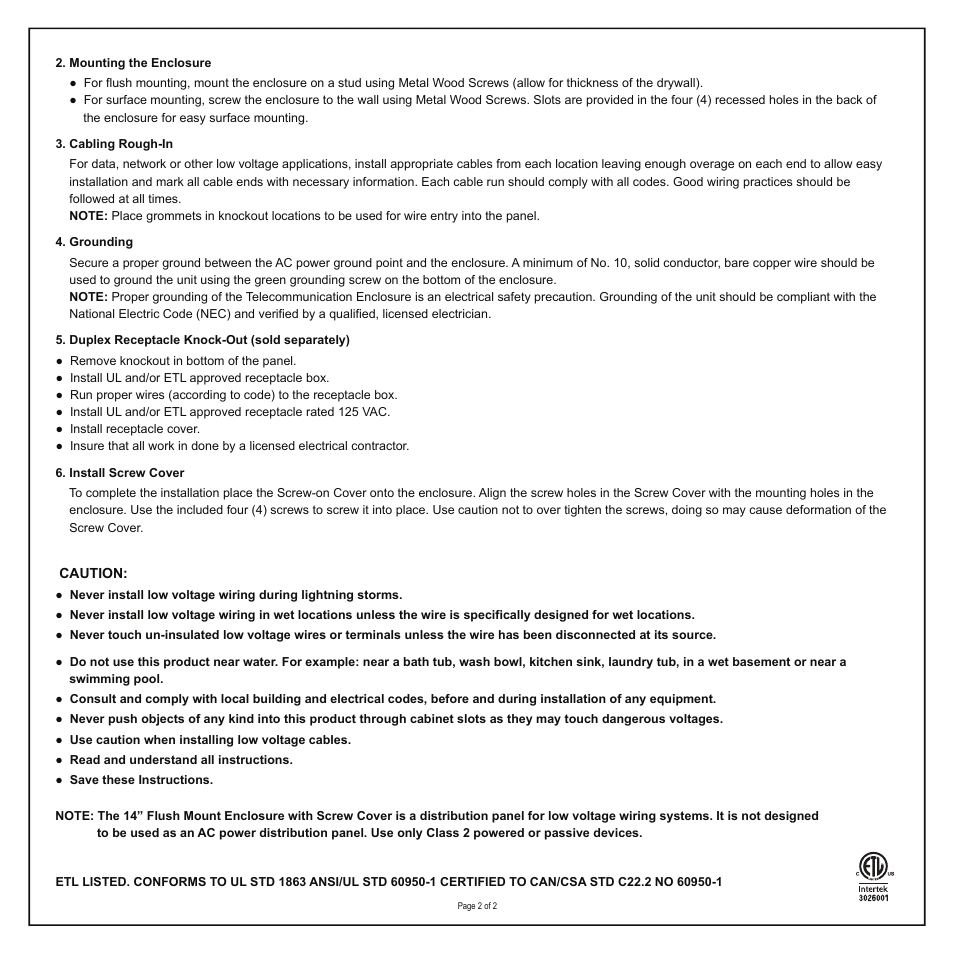 DataComm 80-0014-SC 14 Inch Flush Mount Enclosure User Manual | Page 2 / 2