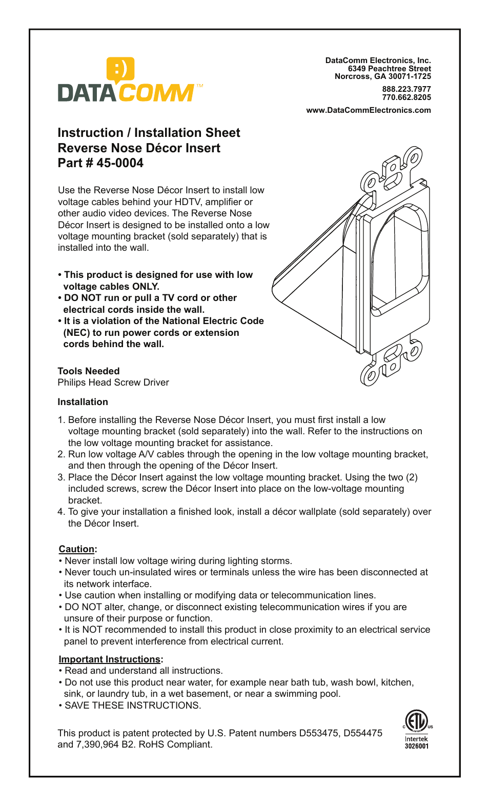 DataComm 45-0004 Reverse Nose Décor Insert User Manual | 1 page