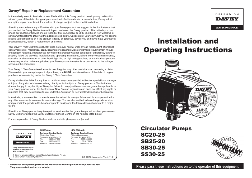 Davey SS30-25 CIRCULATION PUMP User Manual | 4 pages