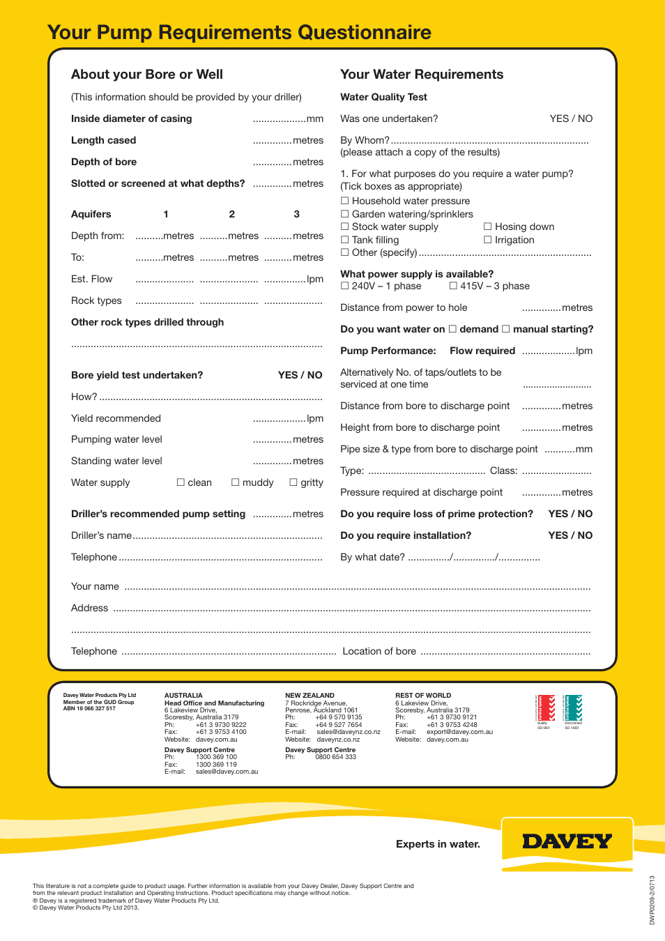 Your pump requirements questionnaire, About your bore or well, Your water requirements | Davey Groundwater Guide User Manual | Page 4 / 4