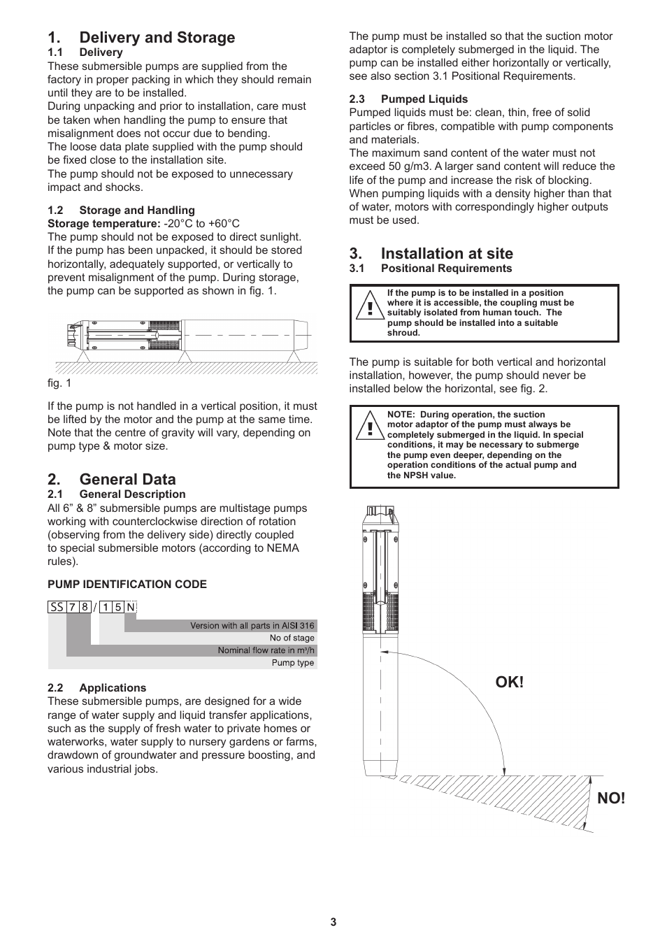 Delivery and storage, General data, Installation at site | Ok! no | Davey 6 Submersible Borehole Pumps User Manual | Page 3 / 8