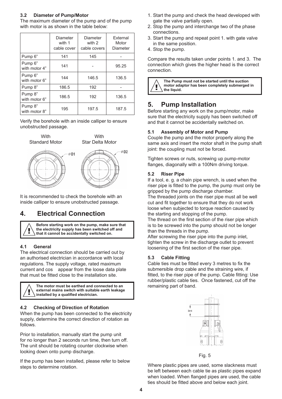 Electrical connection, Pump installation | Davey 6 Submersible Borehole Pumps User Manual | Page 4 / 8