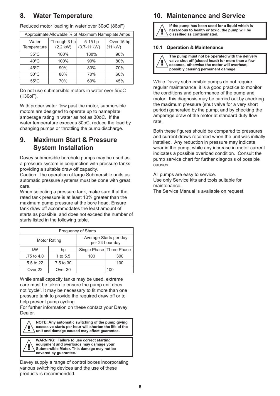 Water temperature, Maximum start & pressure system installation, Maintenance and service | Davey 6 Submersible Borehole Pumps User Manual | Page 6 / 8