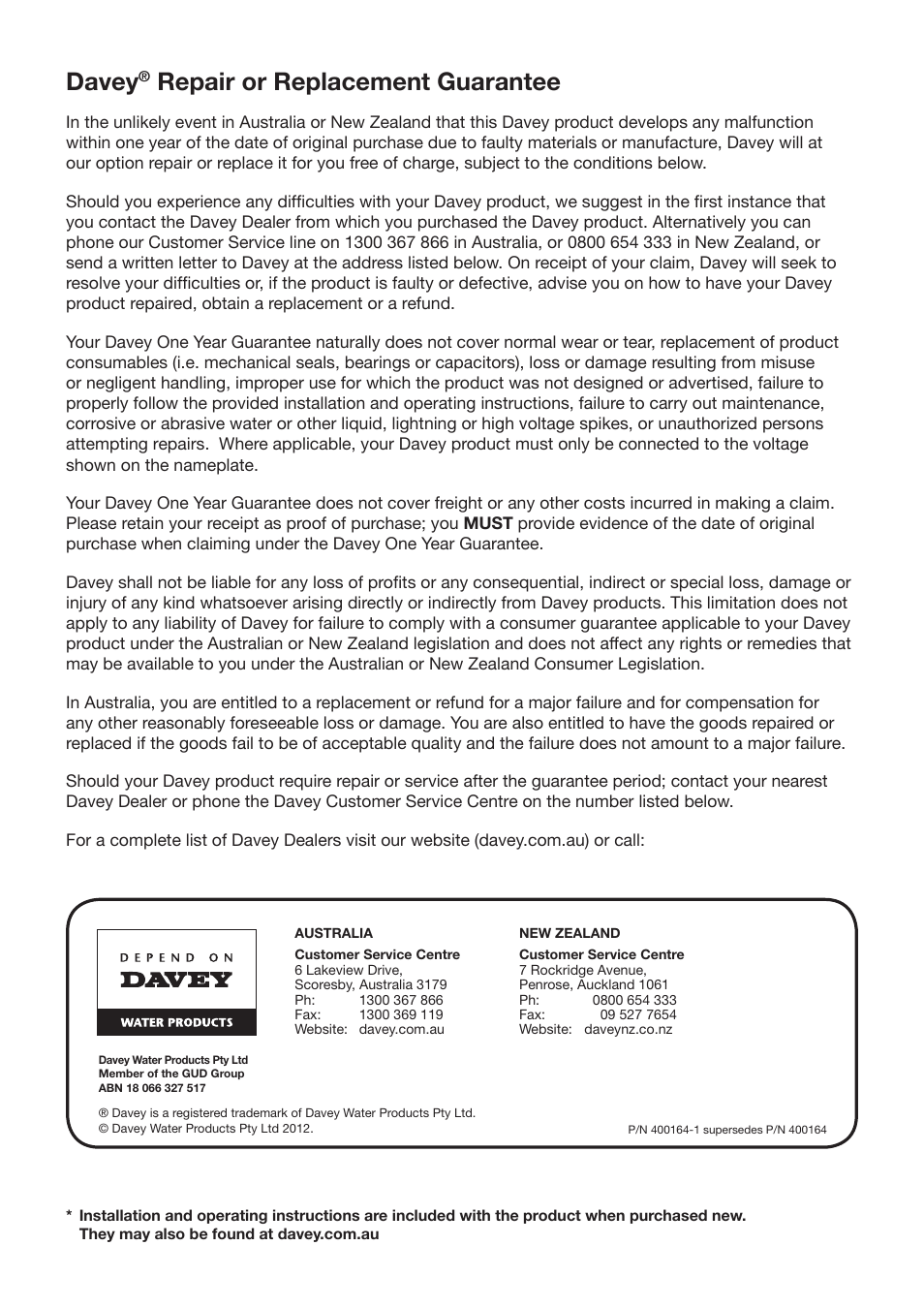 Davey, Repair or replacement guarantee | Davey 6 Submersible Borehole Pumps User Manual | Page 8 / 8