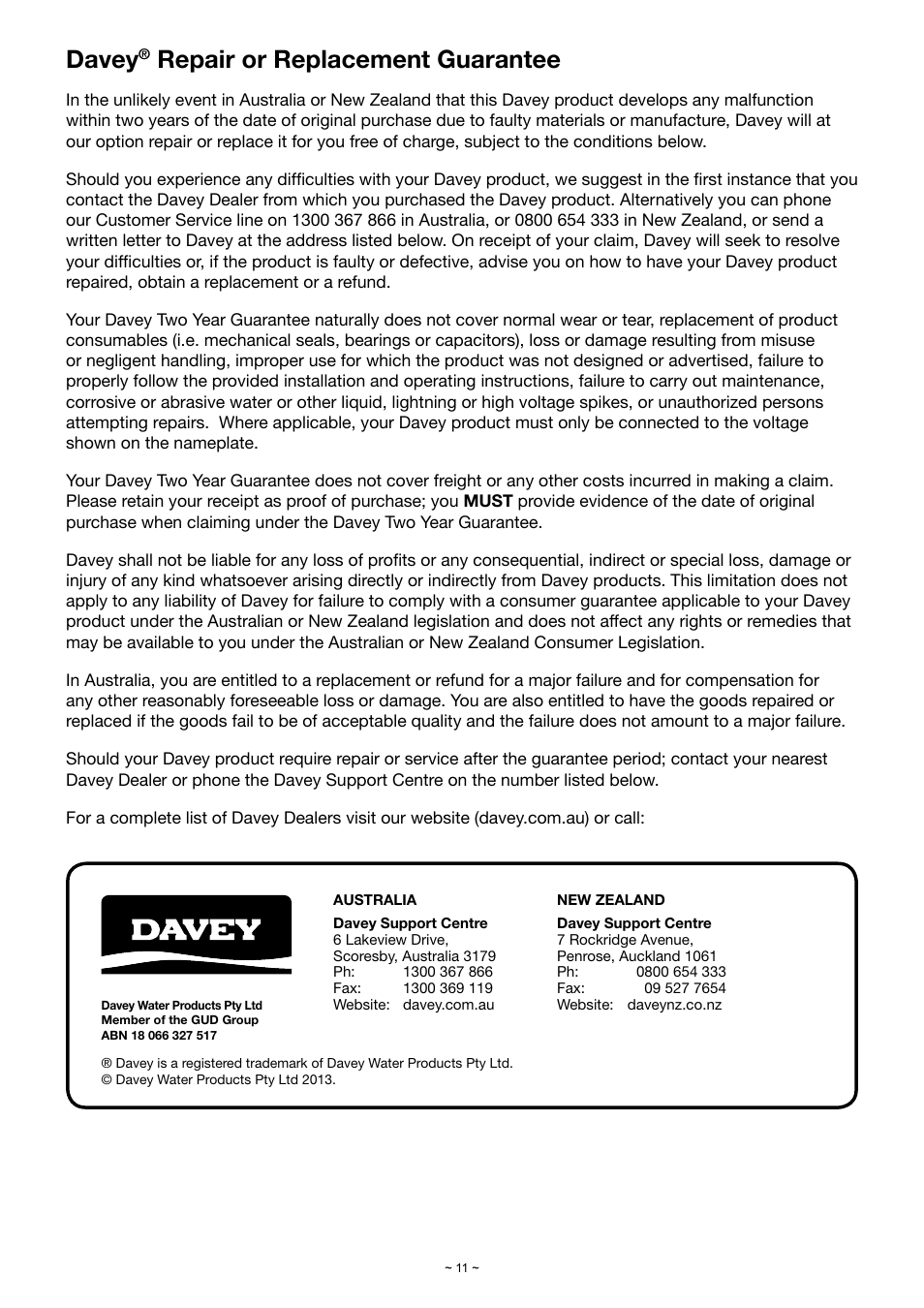 Davey, Repair or replacement guarantee | Davey 4 Submersible Borehole Pumps SERIES J User Manual | Page 11 / 12