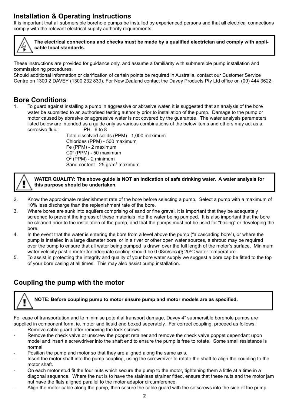 Installation & operating instructions, Bore conditions, Coupling the pump with the motor | Davey 4 Submersible Borehole Pumps SERIES J User Manual | Page 2 / 12