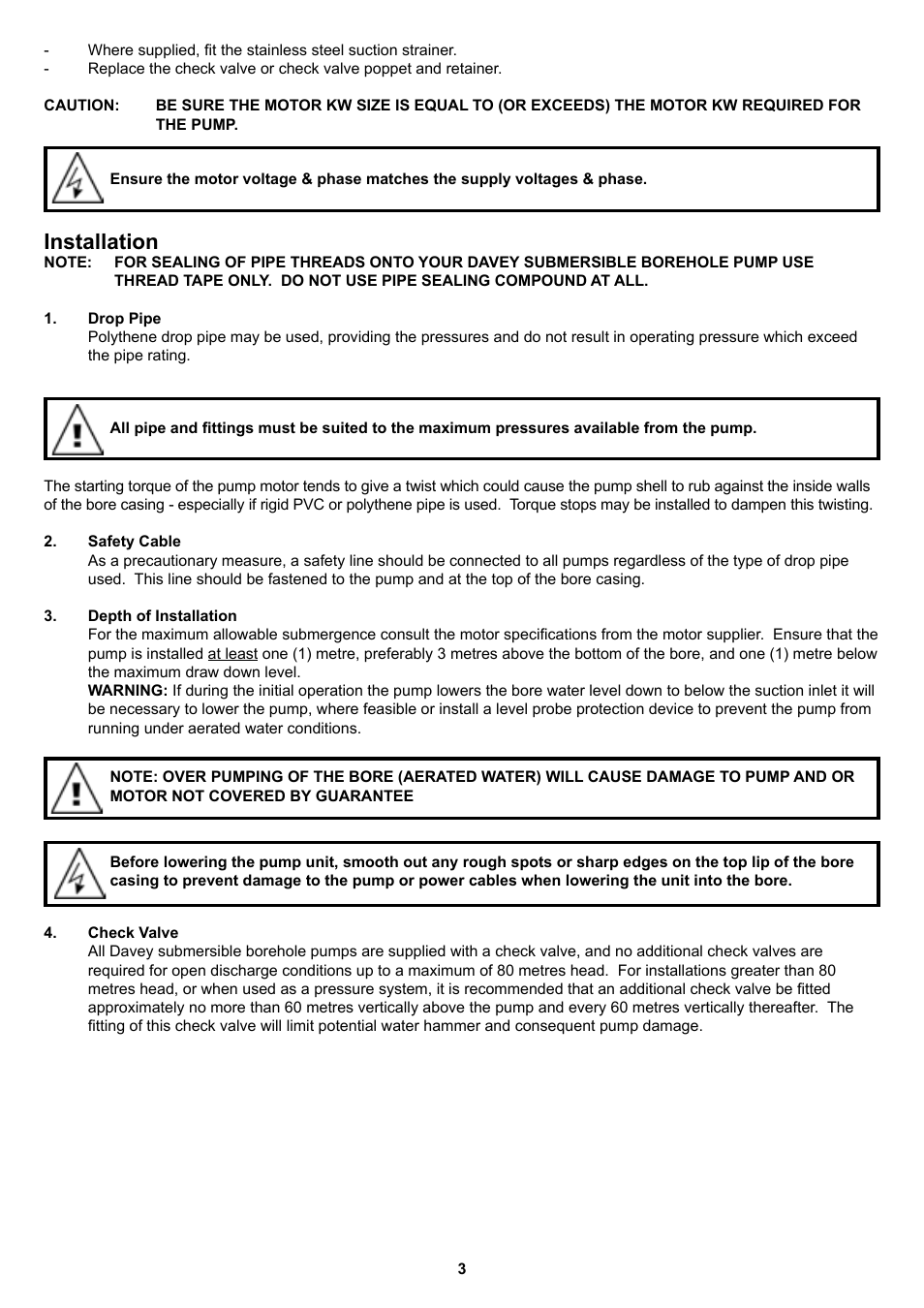 Installation | Davey 4 Submersible Borehole Pumps SERIES J User Manual | Page 3 / 12