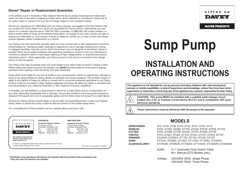 Davey Sump Pump DT37KZN, DT55KZN, DT75KZN, DT110KZN, DT150KZN, DT220KZN User Manual | 4 pages