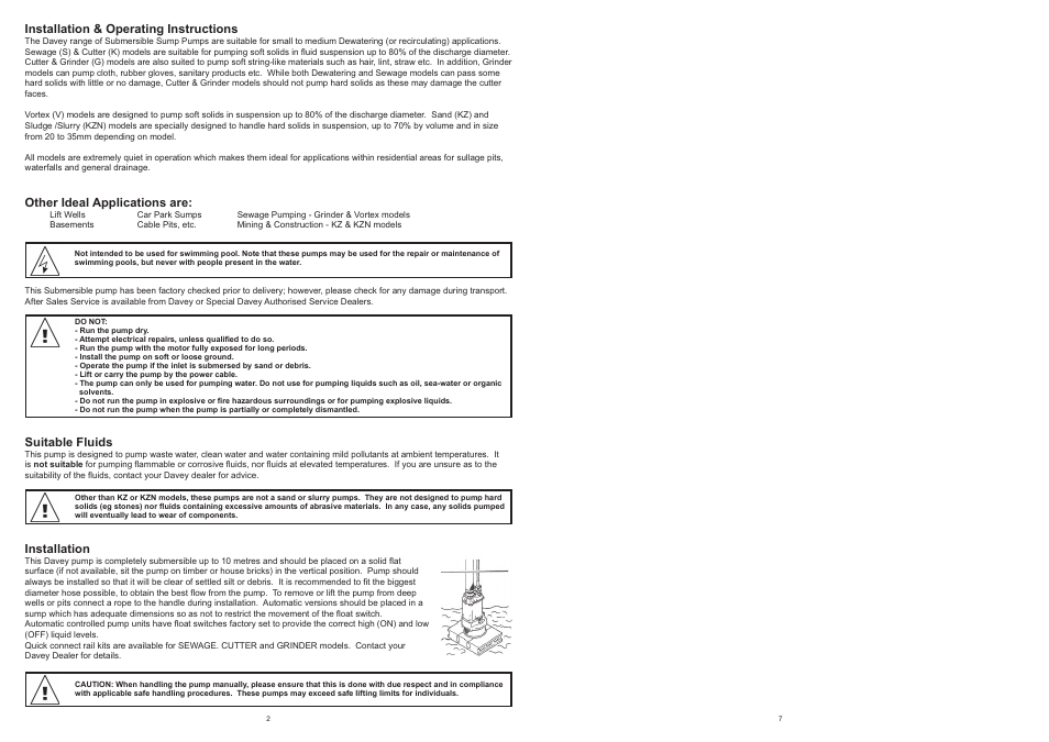 Davey Sump Pump DT37KZN, DT55KZN, DT75KZN, DT110KZN, DT150KZN, DT220KZN User Manual | Page 2 / 4