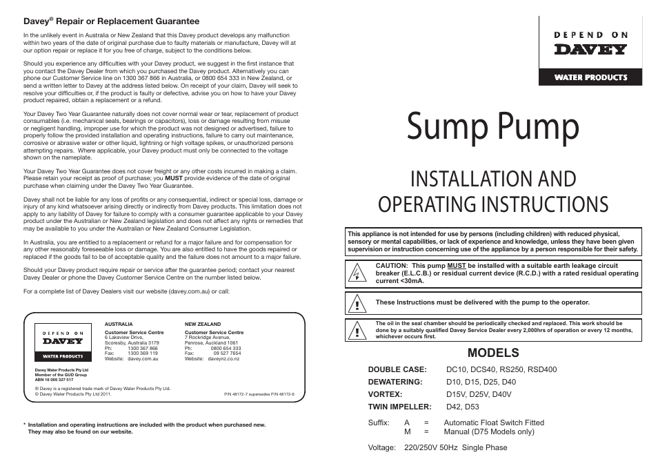 Davey Sump Pump D42, D53 User Manual | 2 pages
