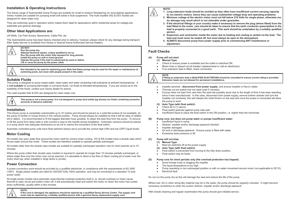Davey Sump Pump D42, D53 User Manual | Page 2 / 2