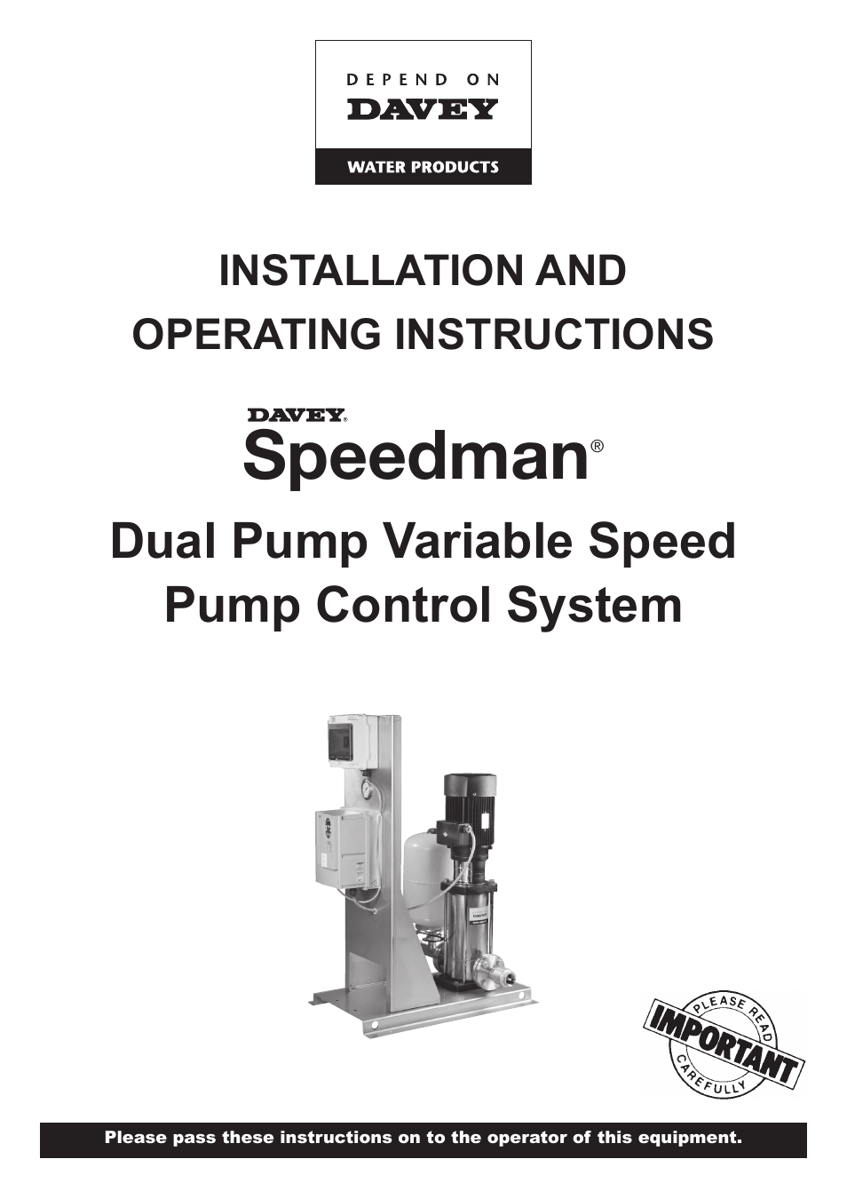 Davey Speedman Dual Pump Variable Speed Pump Control System User Manual | 64 pages