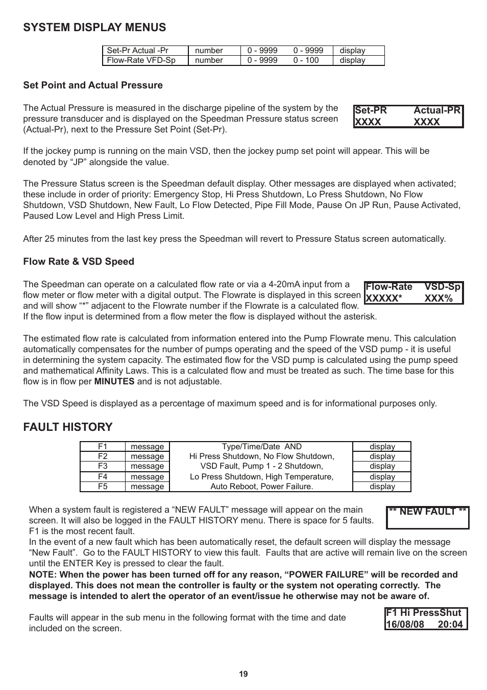 System display menus fault history | Davey Speedman Dual Pump Variable Speed Pump Control System User Manual | Page 19 / 64