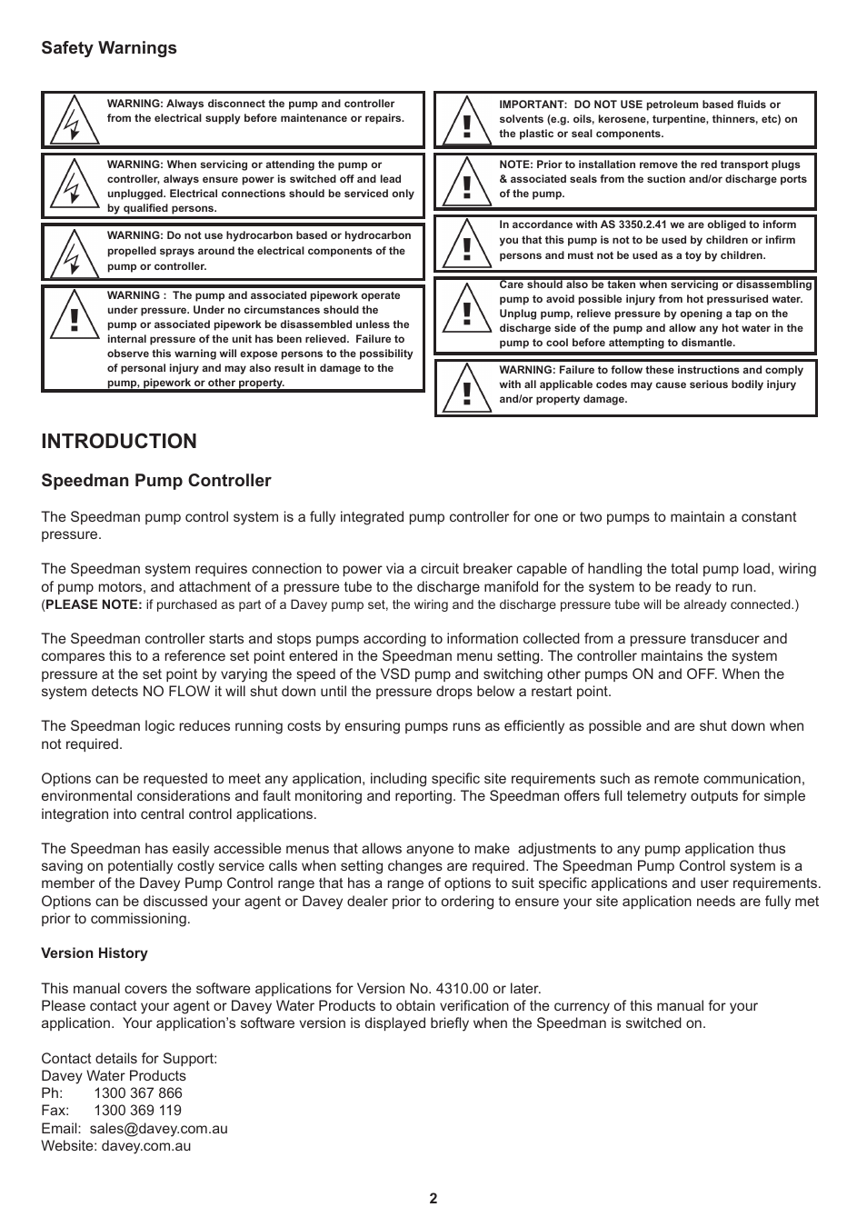 Introduction, Speedman pump controller, Safety warnings | Davey Speedman Dual Pump Variable Speed Pump Control System User Manual | Page 2 / 64