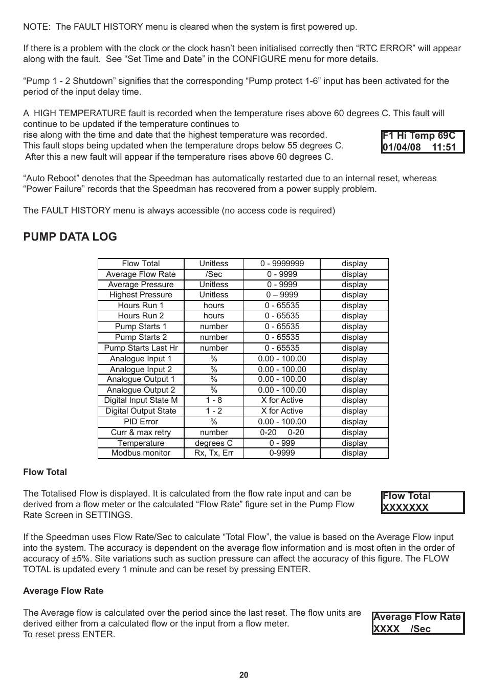 Pump data log | Davey Speedman Dual Pump Variable Speed Pump Control System User Manual | Page 20 / 64